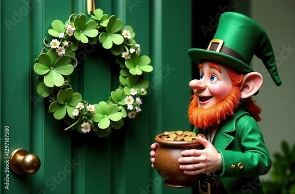Fototapeta Cheerful leprechaun in a green suit and hat holding a pot of gold, standing next to a festive clover wreath decorated with white flowers on a green door, symbolizing luck and prosperity