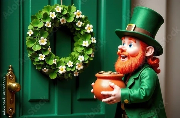 Fototapeta Smiling leprechaun in a green suit and hat holding a pot of gold, standing next to a festive shamrock wreath with white flowers on a green door, symbolizing luck, wealth, and Irish traditions