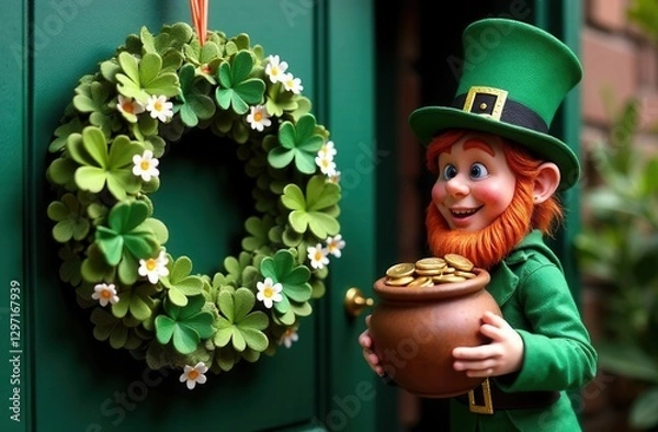 Fototapeta Smiling leprechaun in a green hat and suit holding a pot of gold in front of a decorated shamrock wreath with white flowers on a dark green door, symbolizing luck, prosperity, and Irish folklore