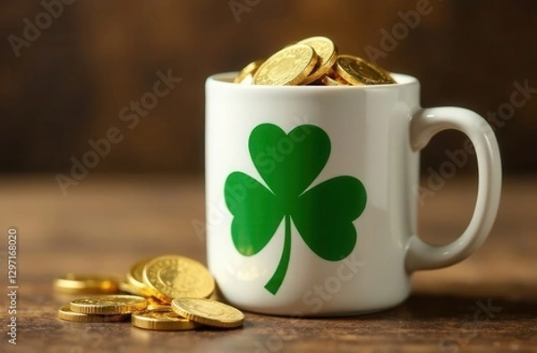 Fototapeta White ceramic mug with green shamrock symbol filled with gold coins, placed on rustic wooden surface with additional scattered coins, symbolizing luck, prosperity, and Saint Patrick's Day celebration
