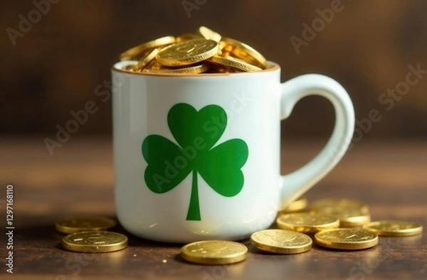 Fototapeta White ceramic mug with a green shamrock symbol, filled with gold coins, placed on a rustic wooden surface with additional scattered coins, symbolizing luck, wealth, and Saint Patrick's Day tradition