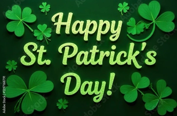 Fototapeta Happy St. Patrick's Day message in glowing green letters on a dark green background, surrounded by vibrant shamrocks, creating a festive and lucky atmosphere for the Irish holiday celebration