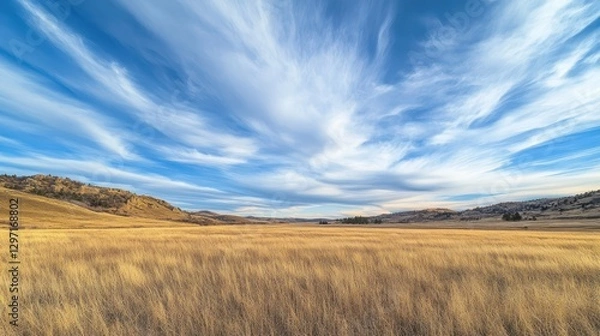 Fototapeta A beautiful grassy landscape with wispy clouds in the sky