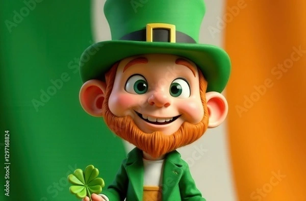 Fototapeta Cheerful leprechaun with a bright smile holds a lucky four-leaf clover in front of the Irish flag, dressed in a traditional green outfit with a tall hat, celebrating St. Patrick's Day with joy