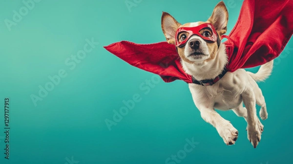 Fototapeta Funny dog dressed as a superhero, flying with a red mask and cape against a turquoise background, in a dynamic pose, resembling a comic book hero