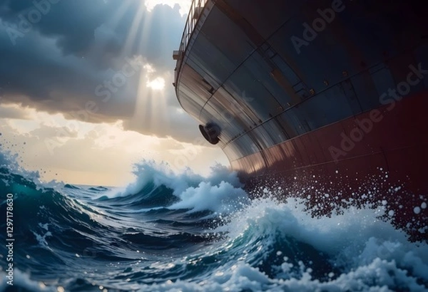 Obraz Cargo Ship Navigating Through Stormy Seas with Dramatic Sunlight, Maritime Scene