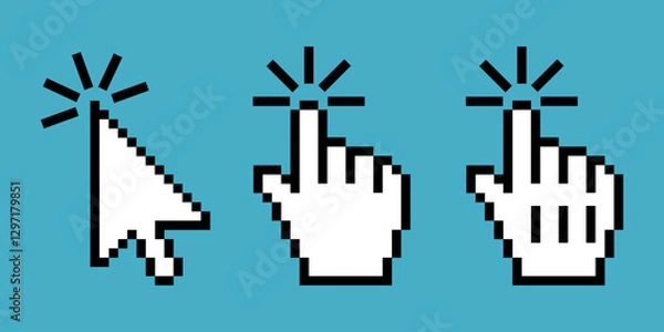 Fototapeta Pixel cursor pointers. Set of 8 bit computer mouse cursor pointers, arrow, hand.