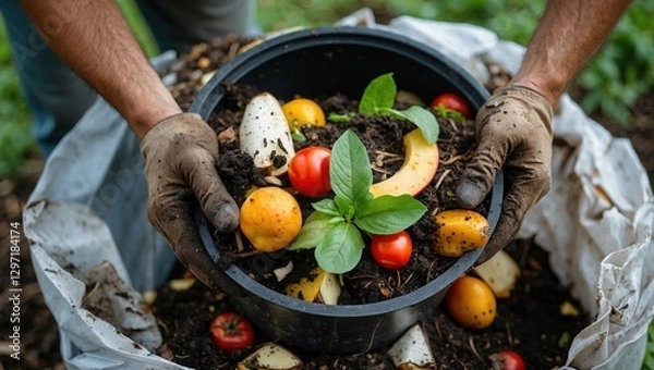 Fototapeta Gardener holds black compost bin full organic waste. Tomato scraps and food recycle in garden dirt with soil.