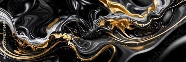 Fototapeta Fluid art wallpaper. Black and gold liquid paints mix. Abstract backdrop created by pouring shiny metallic gold, black and white colors into wavy motion ultrawide banner
