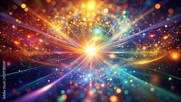 Fototapeta Radiant light swirls through a kaleidoscope of colors, suspended in mid-air amidst a backdrop of glittering particles , dazzling display, radiant glow