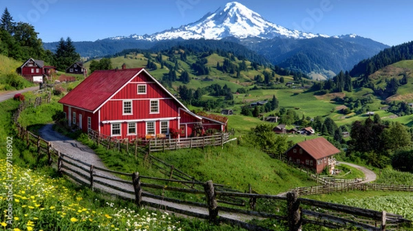 Fototapeta Red barn, mountain view, rural landscape, idyllic setting, postcard
