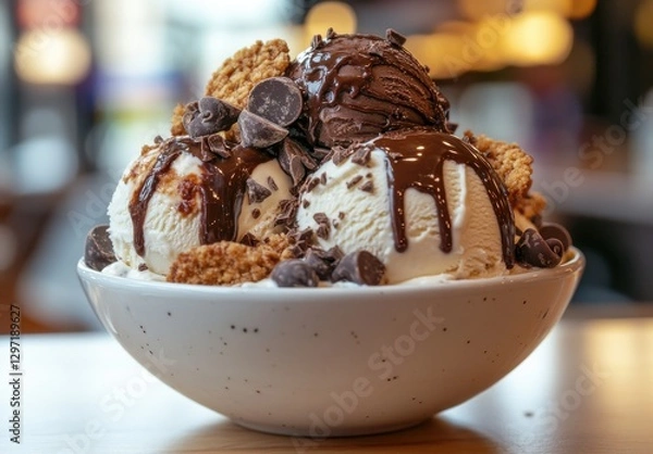 Fototapeta Indulgent Dessert Bowl Filled with Ice Cream Scoops, Chocolate Sauce, Crunchy Toppings, and Rich Chocolate Chips in a Cozy Café Setting