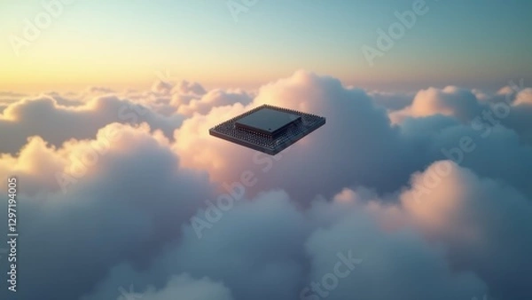Fototapeta Single microchip floats amid faint cloud edges, illustrating ai in the cloud and distributed systems for advanced cloud computing power.