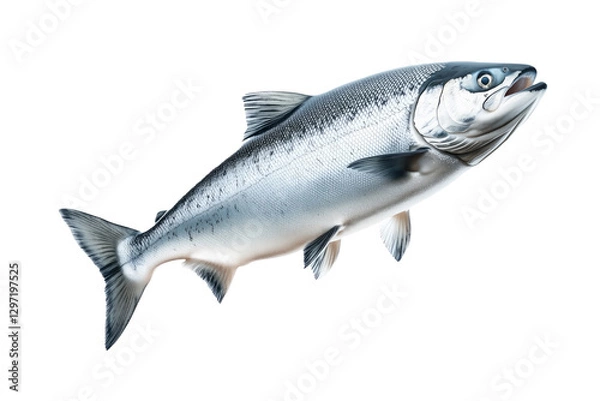 Fototapeta Silver salmon fish with fine details, textured scales and fins isolated on white transparent background. Concept of aquatic life