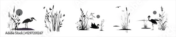 Fototapeta Swamp plants thickets - grass reed, cane, cattail, sedge, marsh iris  and birds heron, swan, seagulls, flamingo, butterfly, dragonflies. Monochrome silhouette landscape drawings set isolated on white.