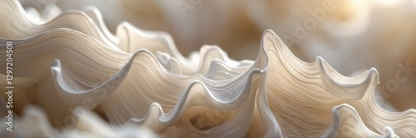 Fototapeta Creamy white ruffles abstract background. Soft smooth folds wavy pattern close up. Elegant textile surface with subtle light and shadow. ultrawide banner size
