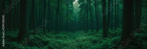 Fototapeta Dark green forest with trees and plants. Path leading deeper in woods during day. Foggy mysterious landscape in nature.  ultrawide banner size