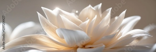 Fototapeta Close up of white lotus flower. Petals glowing in soft light. Floral background of bright blossom with gentle color. ultrawide banner