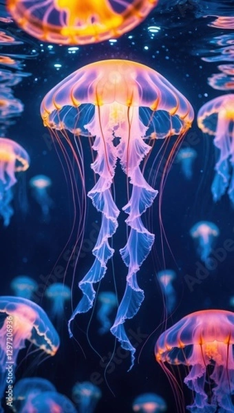 Fototapeta Glowing jellyfish float in dark water. Many orange and blue jellyfish are visible, their tentacles hanging down in deep blue ocean