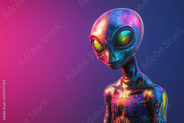 Fototapeta NFT abstract alien character with colorful glowing tattoos isolated solid color background