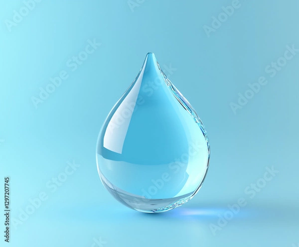 Obraz Single 3D raindrop with reflective highlights isolated on a pastel blue background