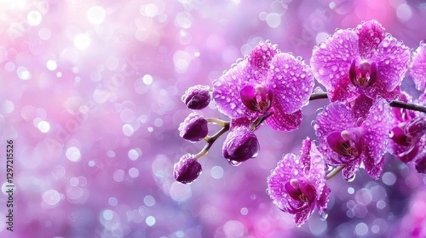 Obraz Pink orchids with dew drops, garden bokeh background, nature beauty, website banner