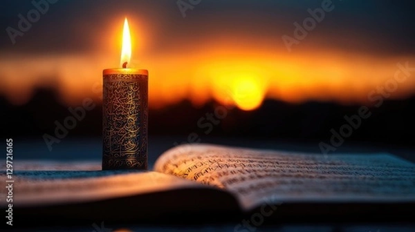 Obraz Candle on open book at sunset