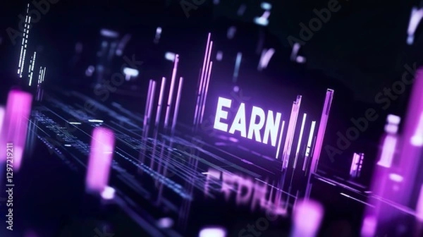 Obraz Cryptocurrency market interface with glowing earn text and fluctuating stock charts