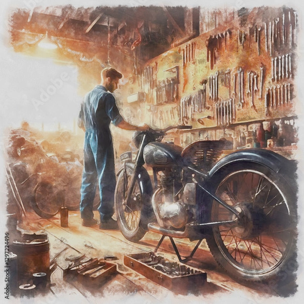 Obraz Painting of the interior of an old motorcycle workshop with a young mechanic, workbench and tools