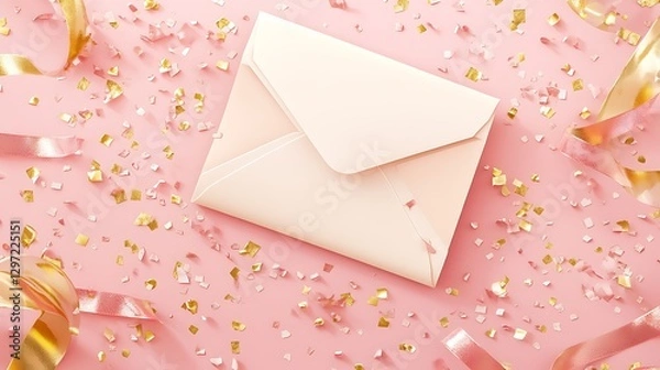 Fototapeta A soft pink background with an open letter and blank paper, surrounded by scattered confetti
