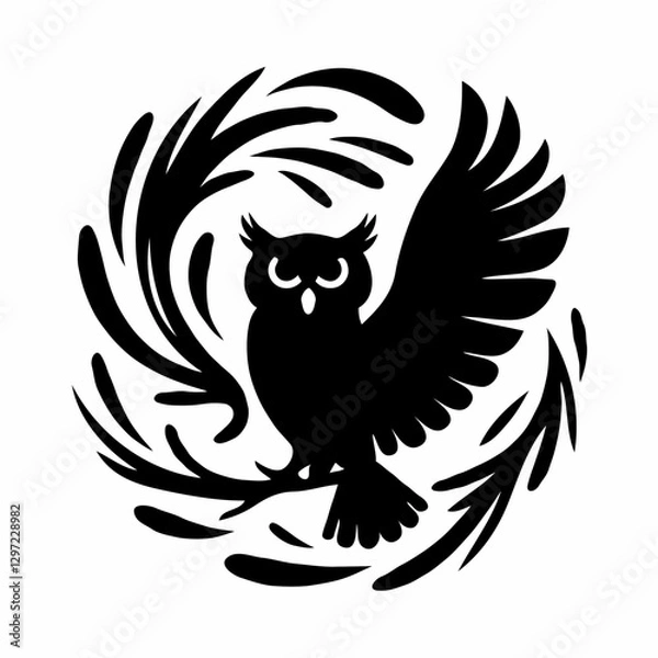 Fototapeta Here’s a detailed title that reflects all the elements you described:

**"Black and White Stylized Owl Illustration with Spread Wings in a Circular Composition, Featuring Feather Motif and Tribal Art 