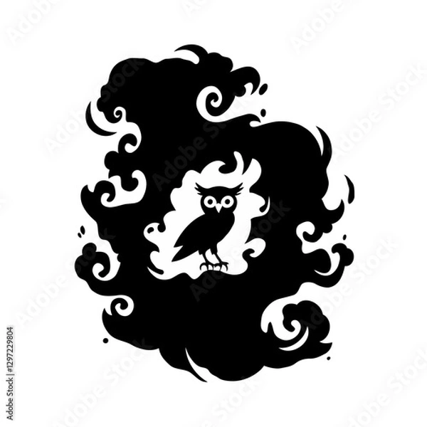 Fototapeta This mesmerizing black-and-white illustration blends swirling smoke designs and intricate linework to create a surreal and enigmatic portrait. The abstract face emerges from the negative space art, it