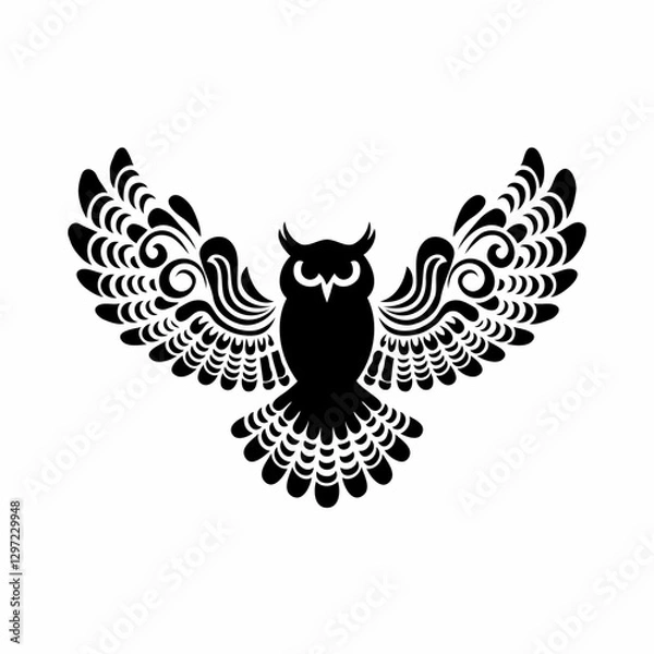 Fototapeta This black-and-white illustration of a stylized owl in flight blends bold graphic art with intricate, folk art-inspired designs. The owl’s spread wings, captured in a symmetrical composition, are ador