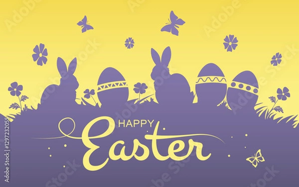 Obraz Greeting card with eggs, flowers and bunnies. Happy Easter paper cut out greeting card. Purple yellow colour.