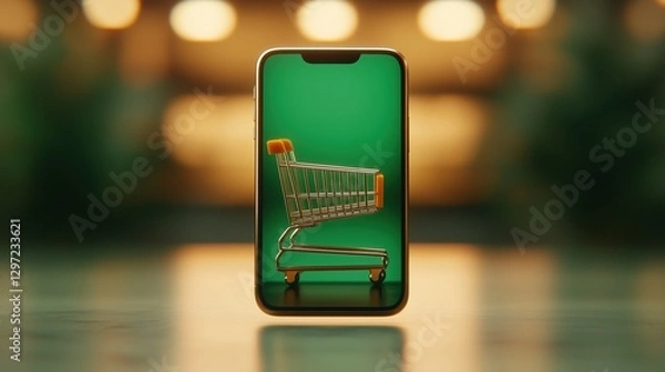 Fototapeta Shopping cart displayed on smartphone screen signifies online retail and digital commerce trends in modern consumerism