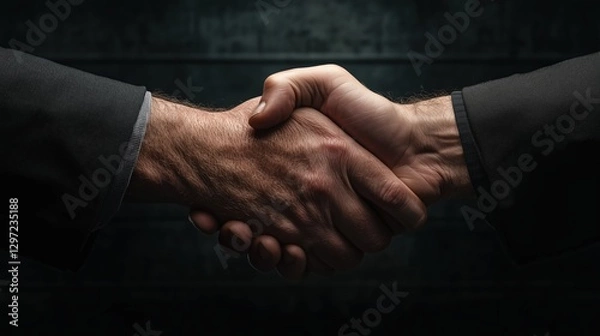 Fototapeta Professionals collaborate in a firm handshake to signify agreement in a corporate setting