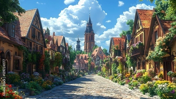 Fototapeta Charming european cobblestone street with autumn vibes high resolution hd photo