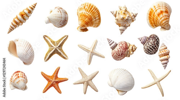 Fototapeta Seashell collection with starfish and small colorful shells, perfect beach memories, isolated on white background, PNG format, top view