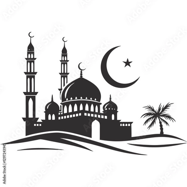 Fototapeta Silhouette of Mosque with Crescent Moon and Palm Trees