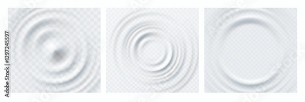 Obraz Ripple, splash water waves surface from drop isolated on transparent backgrounds. White sound impact effect top view. Vector circle liquid shampoo, cream or gel swirl round texture templates