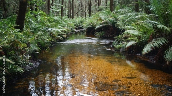 Fototapeta Tranquil stream flowing through lush green forest with ferns and trees.