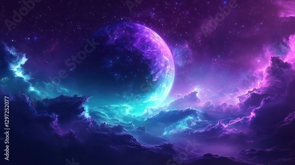 Obraz A Beautiful Planet Surrounded by Purple Nebula and Starry Sky