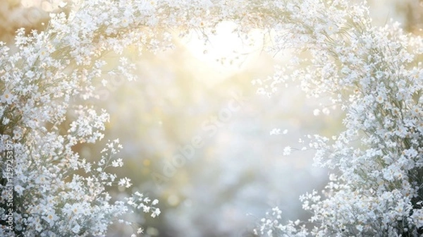 Fototapeta White flowers frame, sunlight bokeh background.