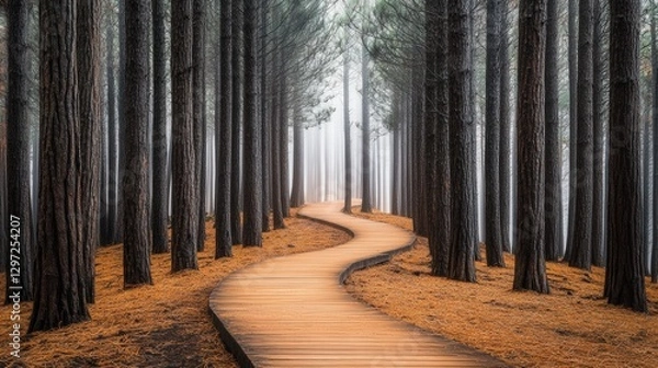 Fototapeta Tranquil Foggy Forest Pathway Through Towering Pine Trees