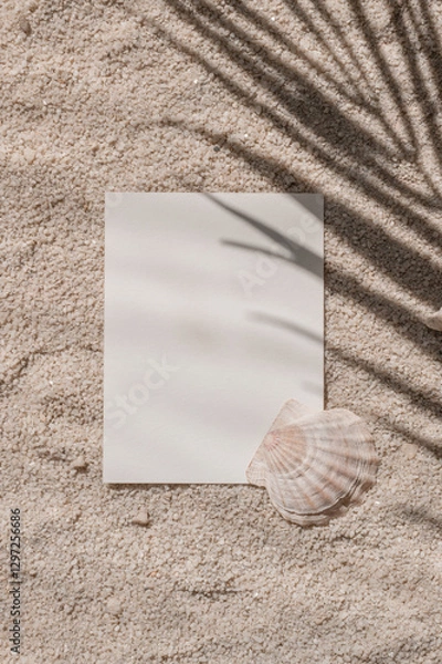Fototapeta Aesthetic summer tropical business branding template, invitation design, blank paper card with mockup copy space and sea shells on beach sand texture with palm tree foliage sunlight shadow