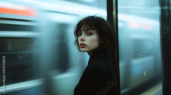 Fototapeta A woman stands in a subway station, gazing thoughtfully as a train rushes by.