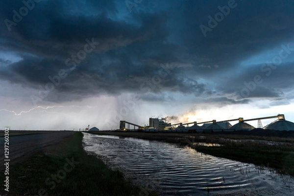 Fototapeta Lightning strikes near potash mine during stormy sunset