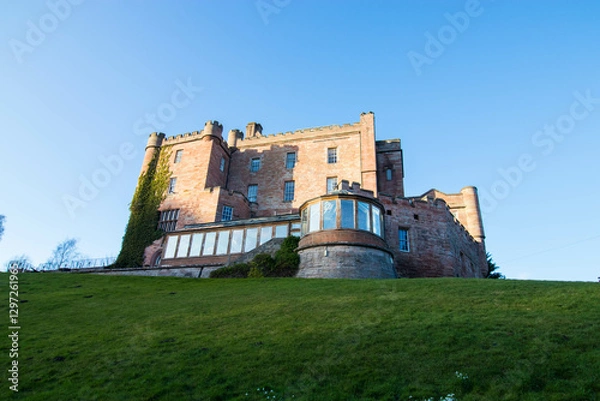 Fototapeta Dalhousie castle hotel in Bonnyrigg, Midlothian, Scotland. Photo of the castle from the back with restaurant anex.