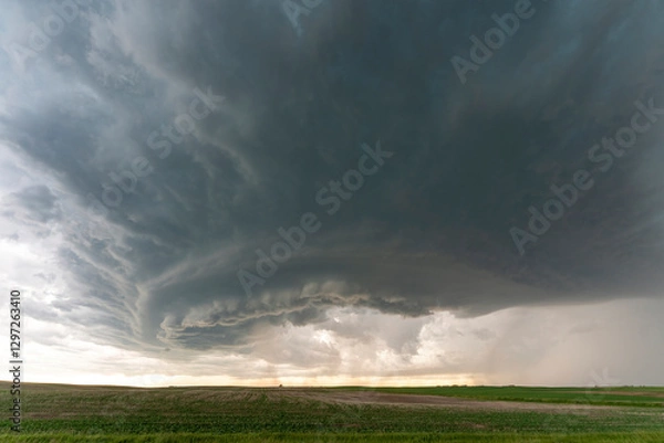 Fototapeta Supercell storm clouds gathering over green fields