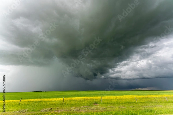 Fototapeta Dramatic storm clouds gathering over canola field in saskatchewan, canada
